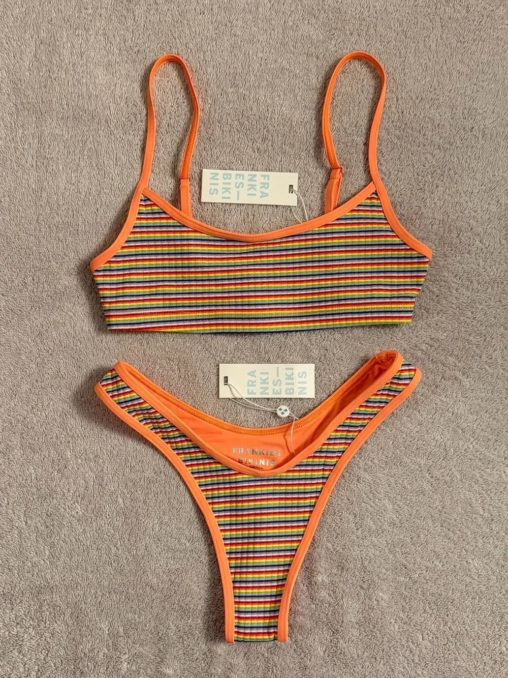Frankie's Bikinis - 'Bay View' Multi-Stripe Scoop Top & High-Cut Thong - SM